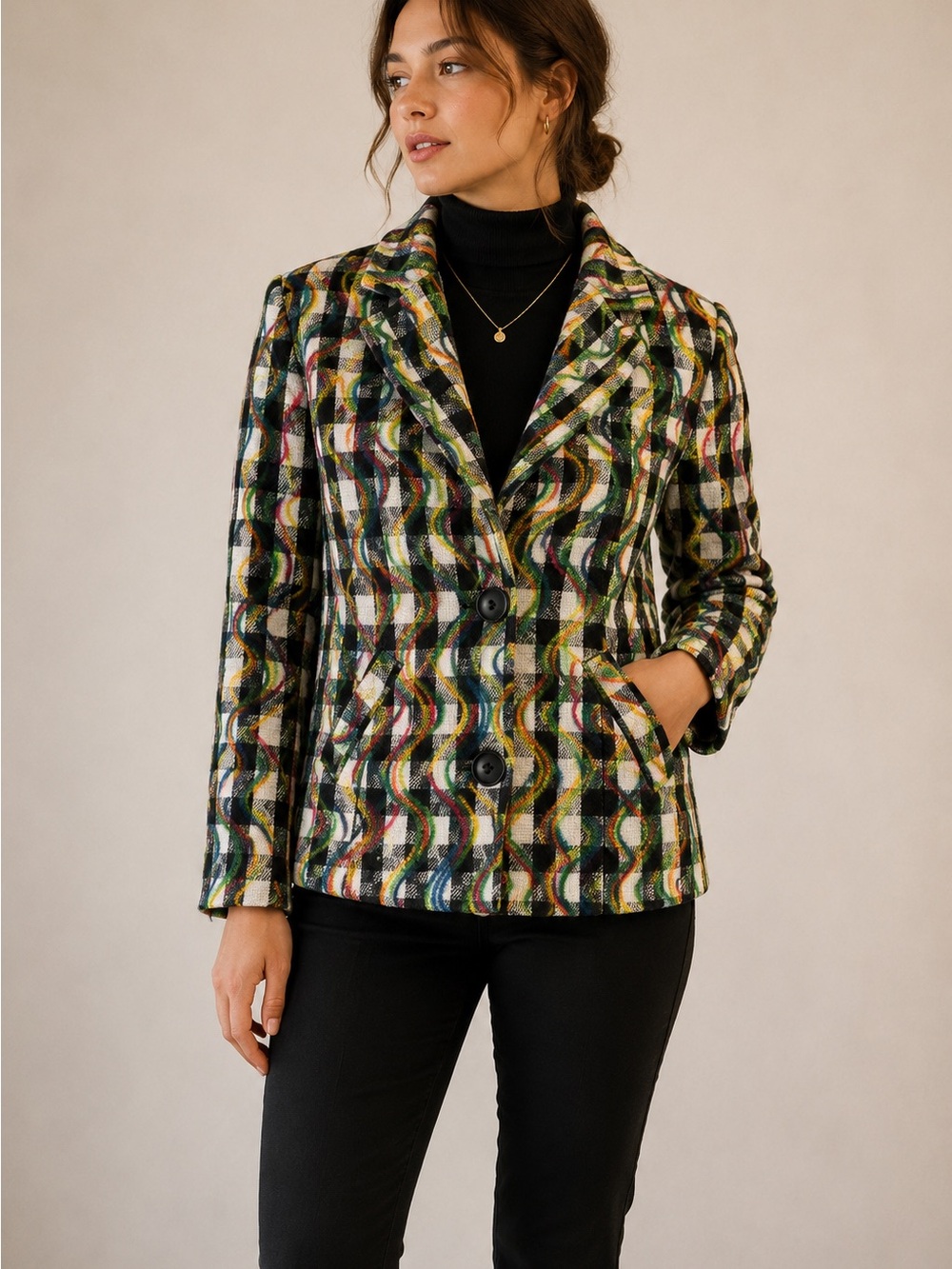 Vintage-Inspired Pride Month Rainbow Wave Plaid Jacket Blazer Artsy Retro Coat M